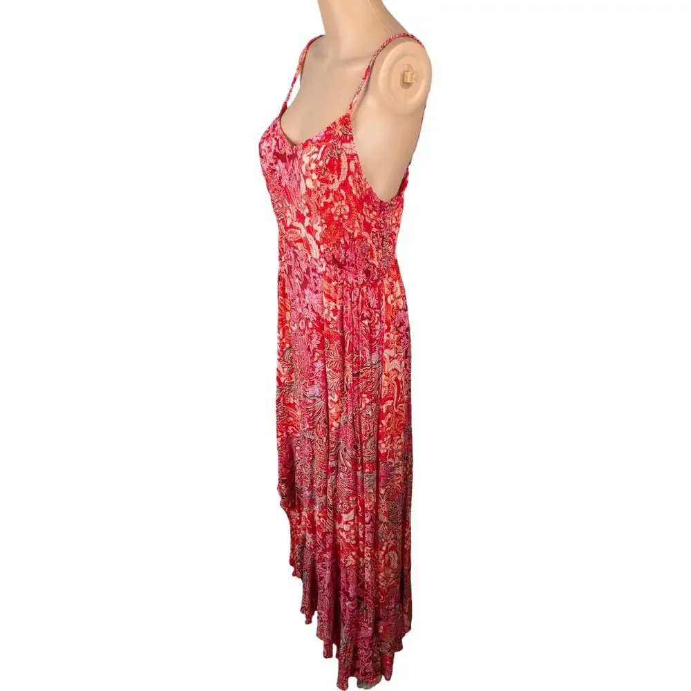 Free People Intimately Forever Yours Paisley Ruffle Maxi Slip Dress Red Pink M